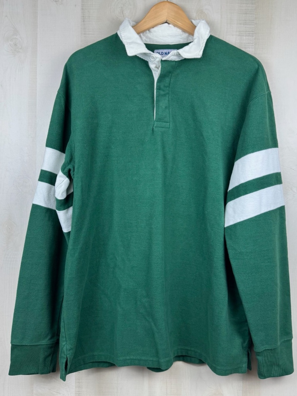 Old Navy Men’s Long Sleeve Plush Rugby Polo Shirt Green White Stripes Large Tall